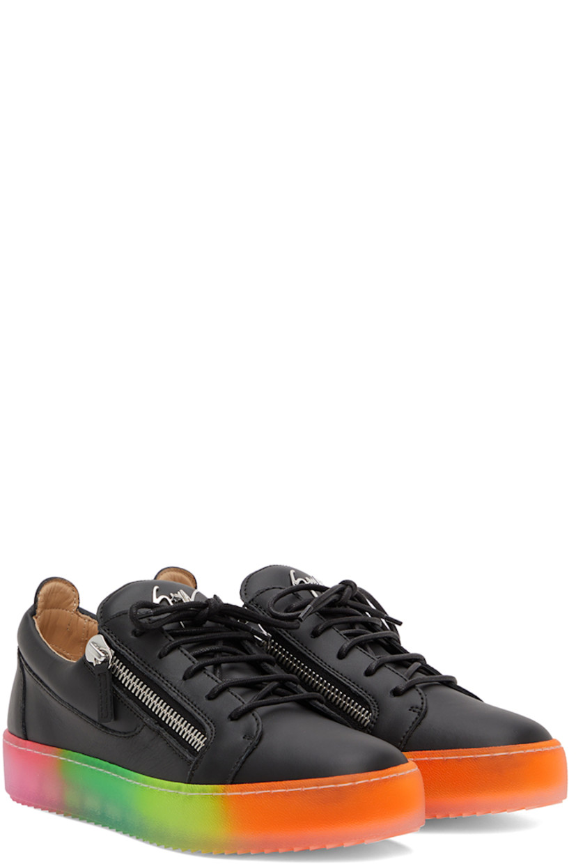 Low-top buffed leather sneakers in black.

· Lace-up closure
· Logo hardware at padded tongue
· Padded heel collar
· Zip fastening at sides
· Stitching in white at welt 
· Buffed leather lining
· Treaded transparent rubber sole in multicolor

Supplier color: Vague black