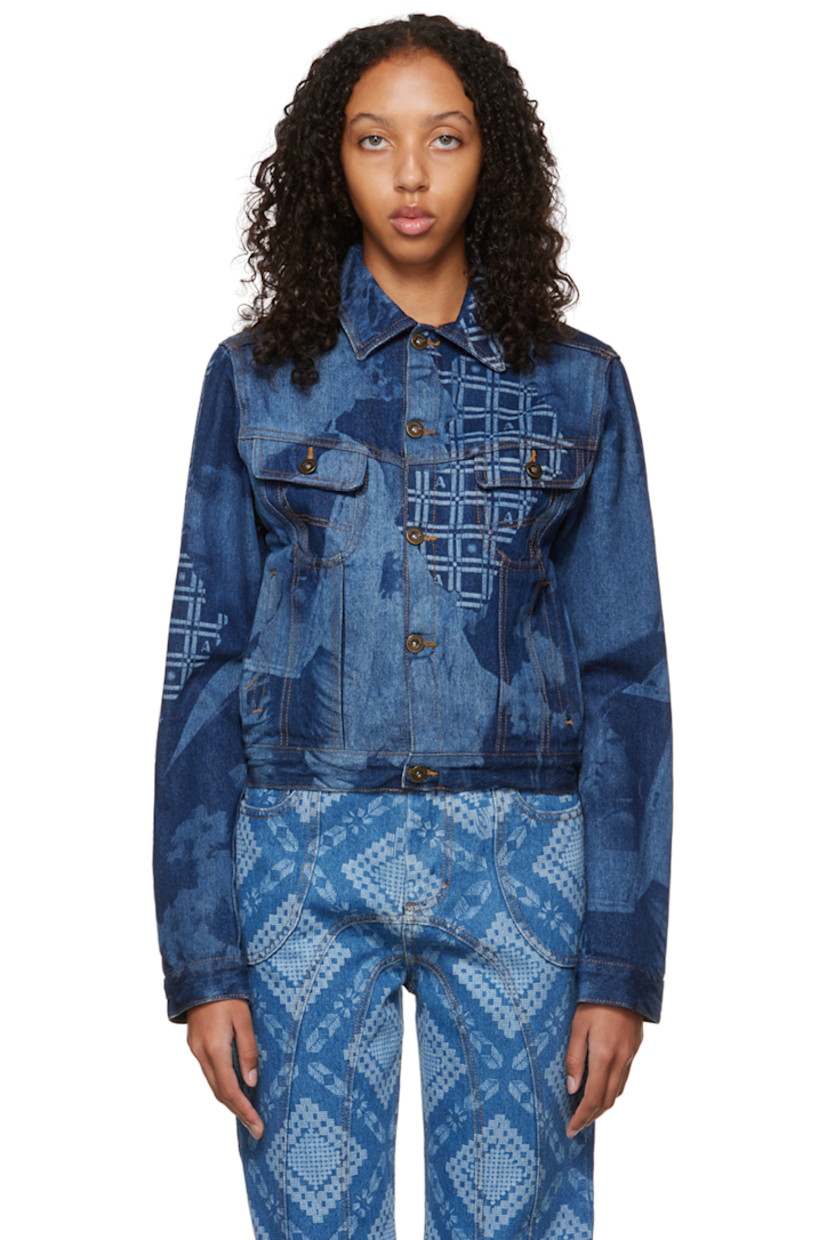 Non-stretch organic cotton denim jacket. Graphic laser-etched throughout.

· Spread collar
· Button closure
· Flap pockets
· Welt pockets
· Single-button barrel cuffs
· Faux-leather logo patch at back hem
· Unlined

Supplier color: Dark indigo