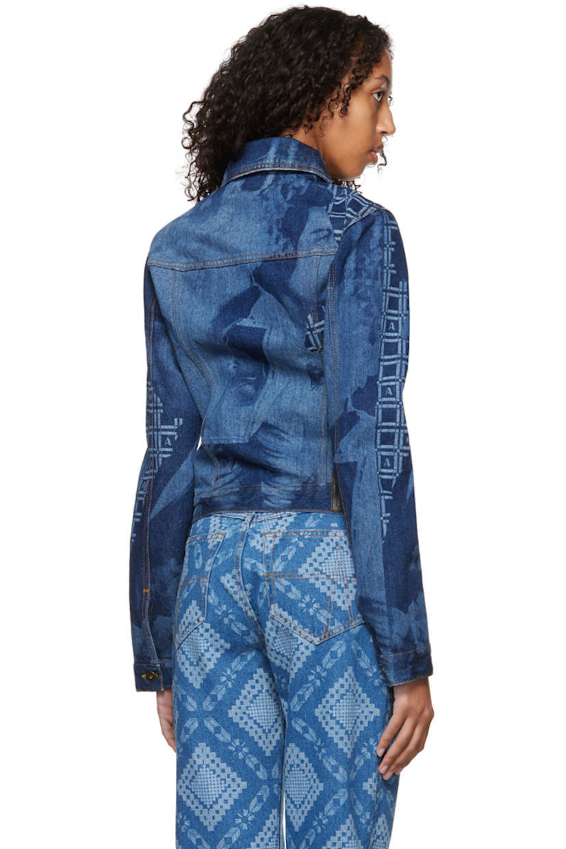 Non-stretch organic cotton denim jacket. Graphic laser-etched throughout.

· Spread collar
· Button closure
· Flap pockets
· Welt pockets
· Single-button barrel cuffs
· Faux-leather logo patch at back hem
· Unlined

Supplier color: Dark indigo