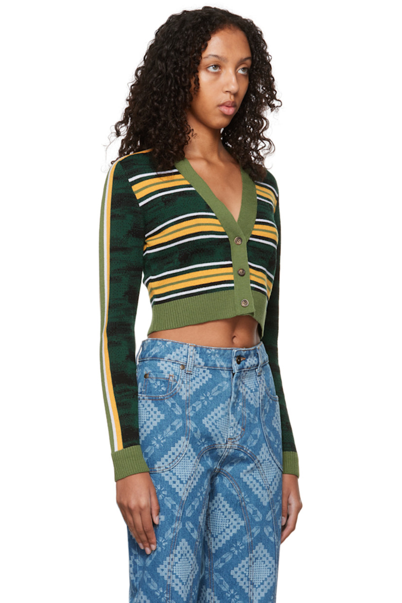Knit merino wool cardigan. Intarsia stripes throughout. 

· Rib knit Y-neck, hem, and cuffs.
· Three-button closure

Supplier color: Green/Black
