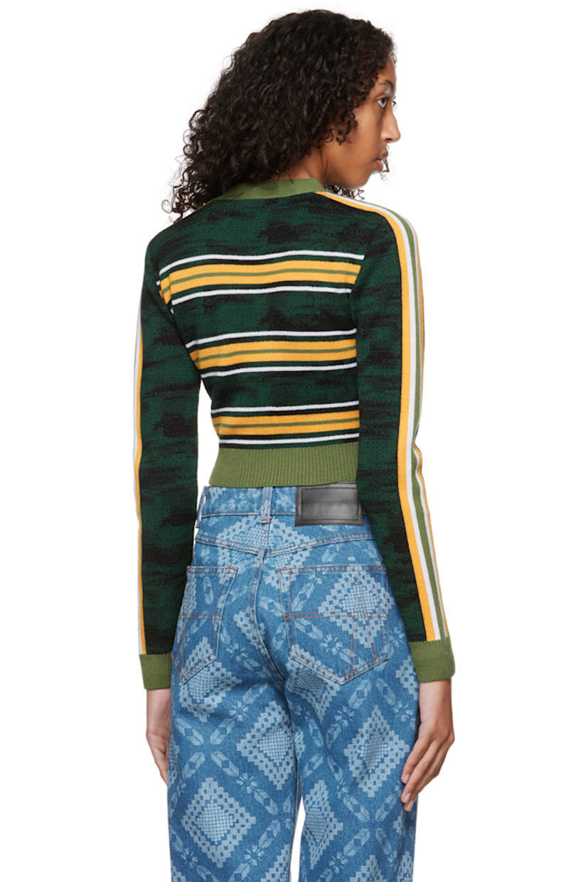 Knit merino wool cardigan. Intarsia stripes throughout. 

· Rib knit Y-neck, hem, and cuffs.
· Three-button closure

Supplier color: Green/Black