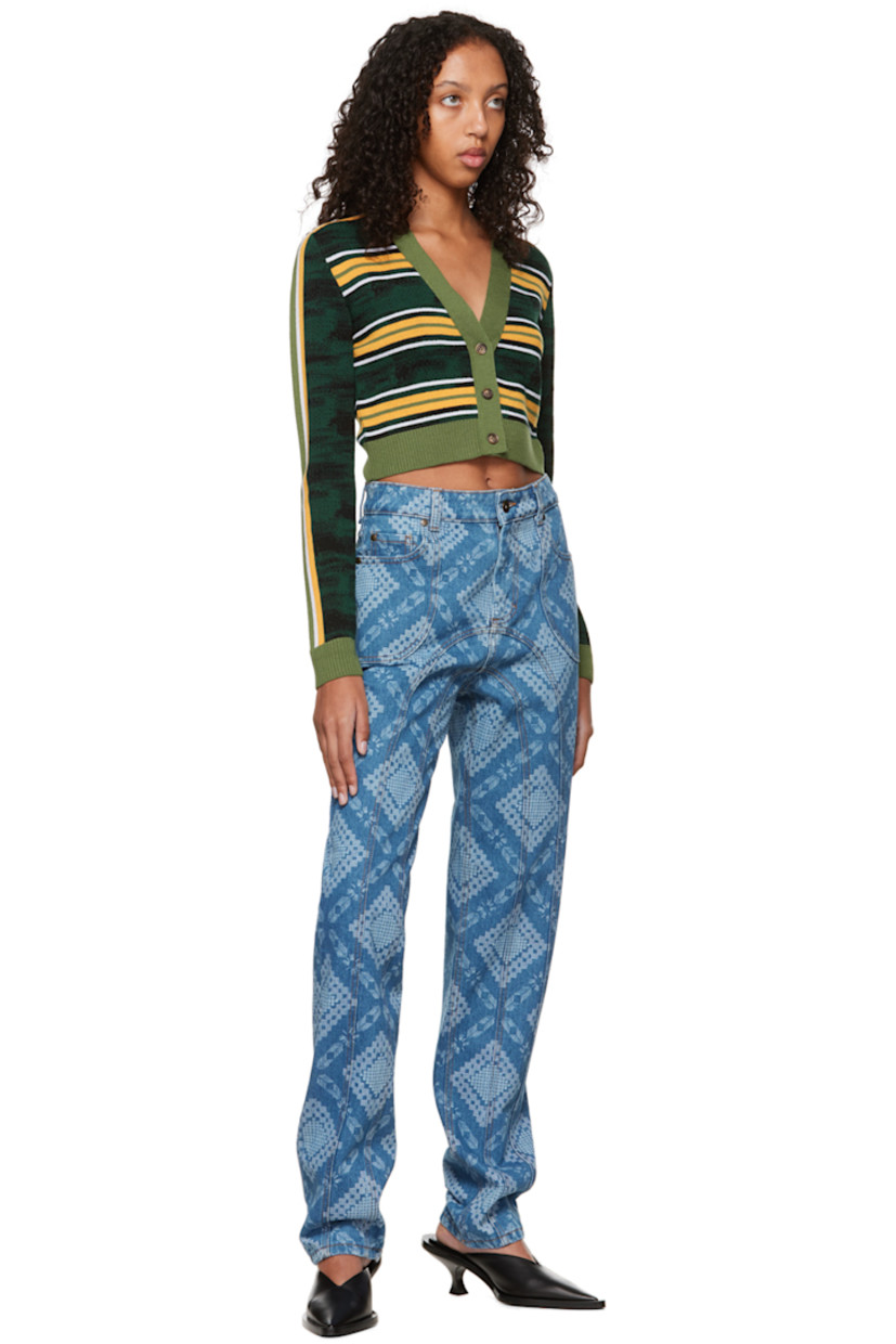 Knit merino wool cardigan. Intarsia stripes throughout. 

· Rib knit Y-neck, hem, and cuffs.
· Three-button closure

Supplier color: Green/Black