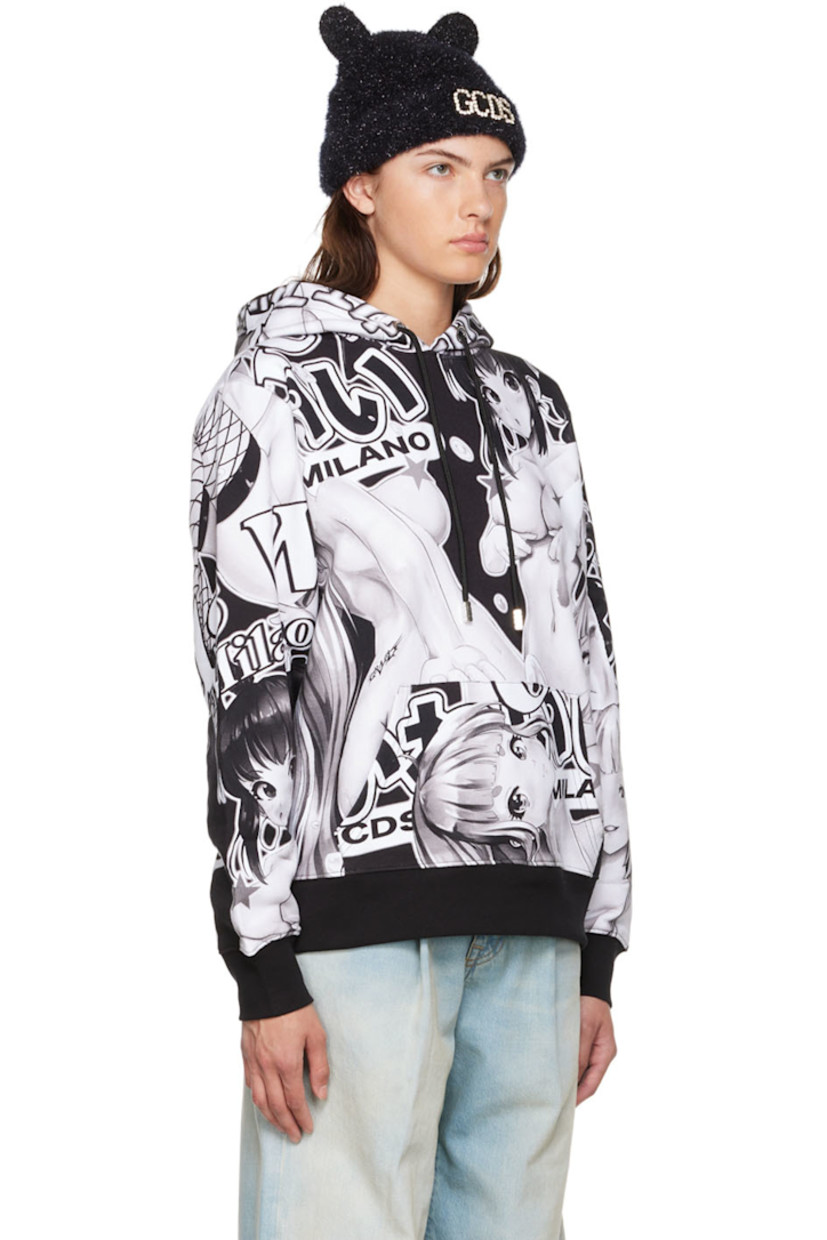 French terry hoodie. Graphic printed throughout.

· Drawstring at hood
· Kangaroo pocket
· RIb knit cuffs and hem

Supplier color:  Black