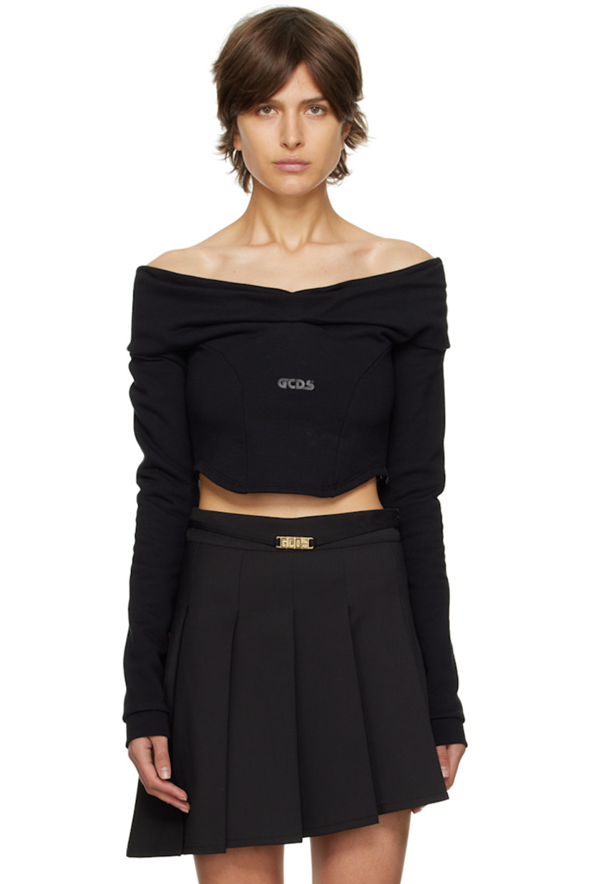 French terry T-shirt. 

· Off-the-shoulder construction 
· Straight neck 
· Darts at front 
· Logo bonded at front 
· Rounded hem 
· Concealed zip closure at side 
· Rib knit cuffs 

Supplier color: Black