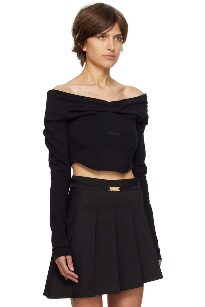 French terry T-shirt. 

· Off-the-shoulder construction 
· Straight neck 
· Darts at front 
· Logo bonded at front 
· Rounded hem 
· Concealed zip closure at side 
· Rib knit cuffs 

Supplier color: Black