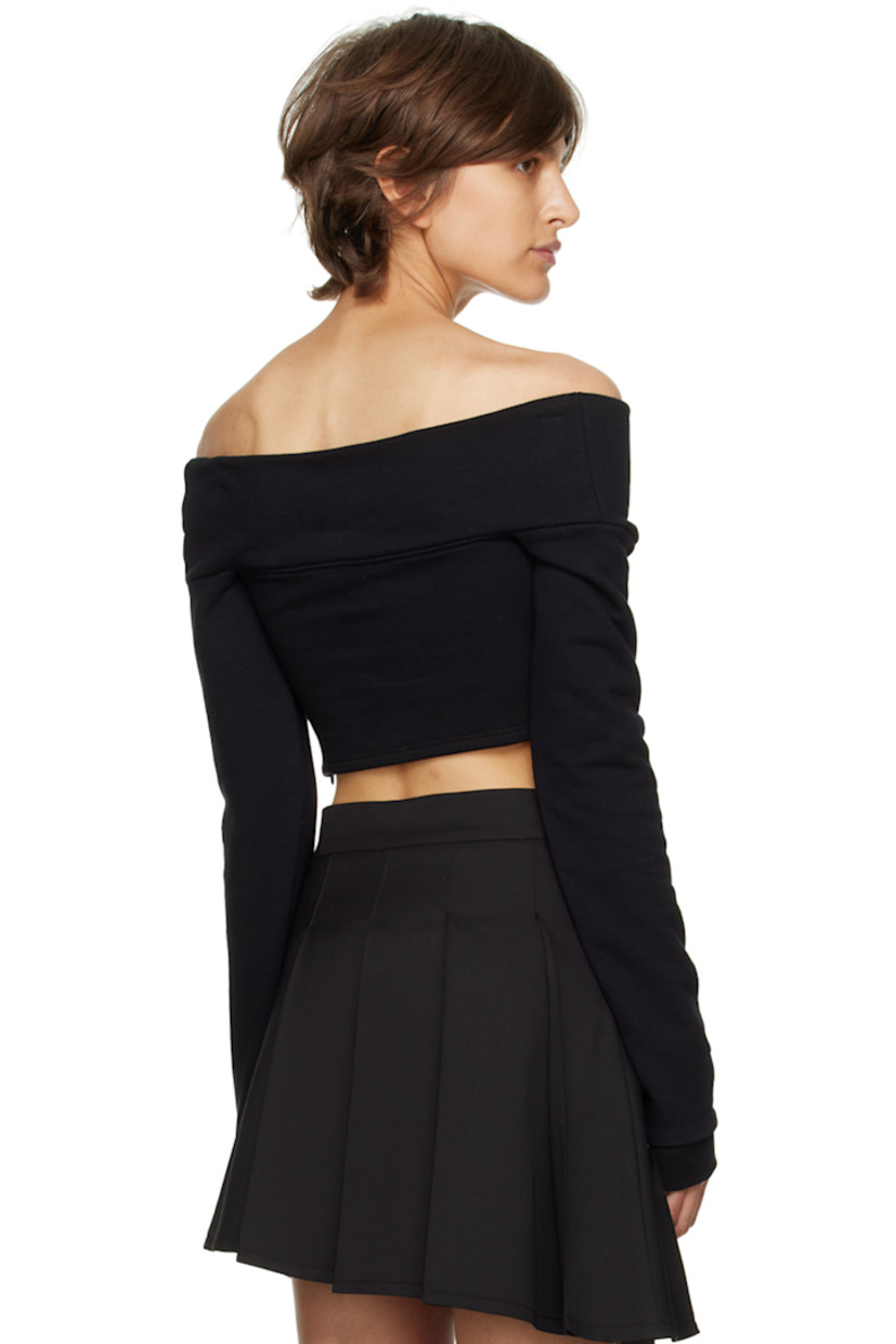 French terry T-shirt. 

· Off-the-shoulder construction 
· Straight neck 
· Darts at front 
· Logo bonded at front 
· Rounded hem 
· Concealed zip closure at side 
· Rib knit cuffs 

Supplier color: Black