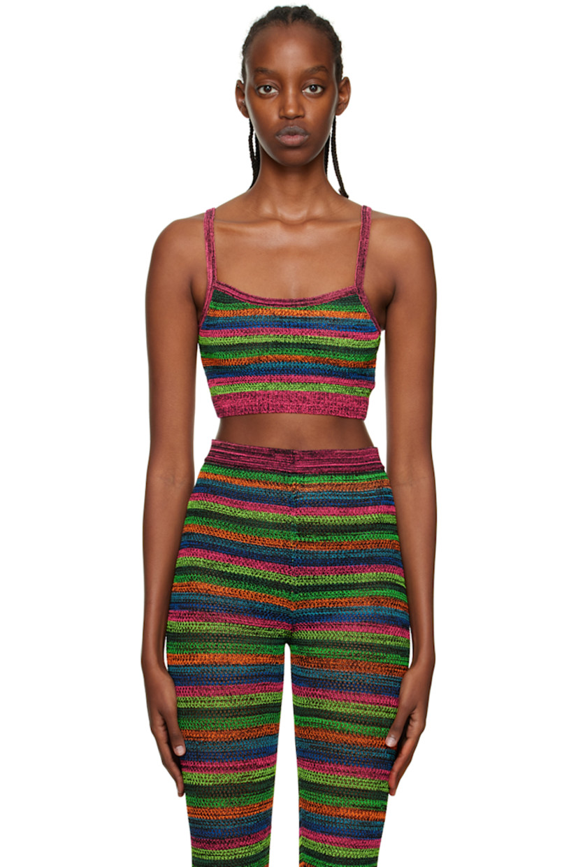 Open knit stretch nylon tank top. 

· Striped pattern throughout
· Rib knit square collar and hem

Supplier color: Pink/Black