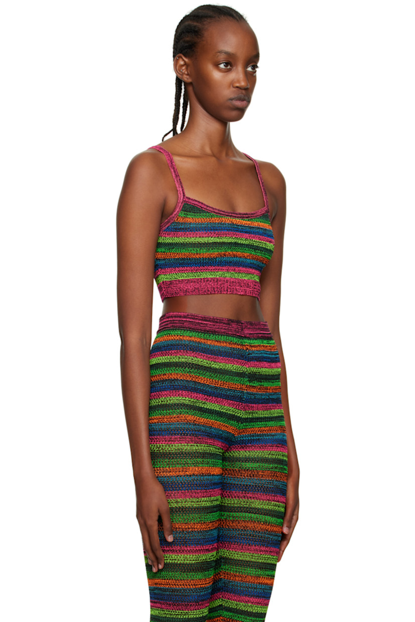 Open knit stretch nylon tank top. 

· Striped pattern throughout
· Rib knit square collar and hem

Supplier color: Pink/Black