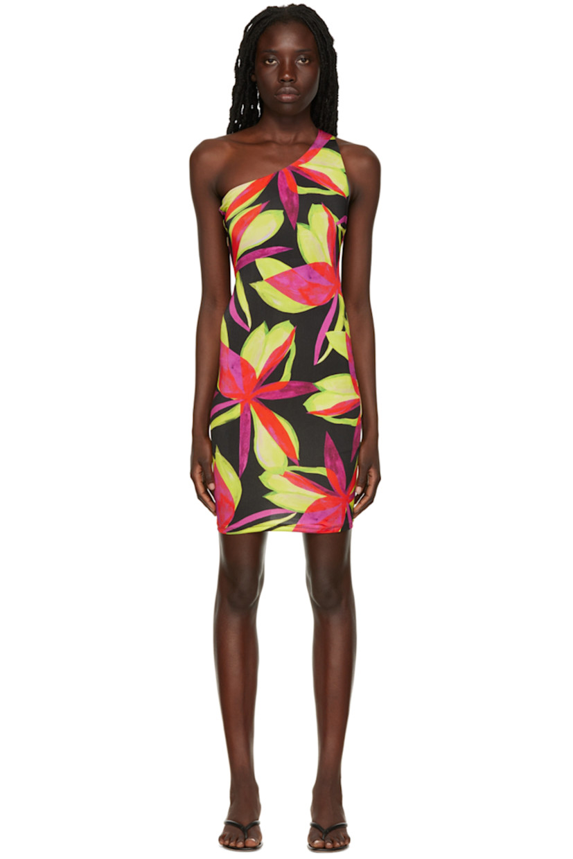 Stretch viscose jersey dress. Graphic pattern printed throughout. 

· Asymmetric construction
· Low back
· Full mesh lining

Supplier color: Electric pink flower