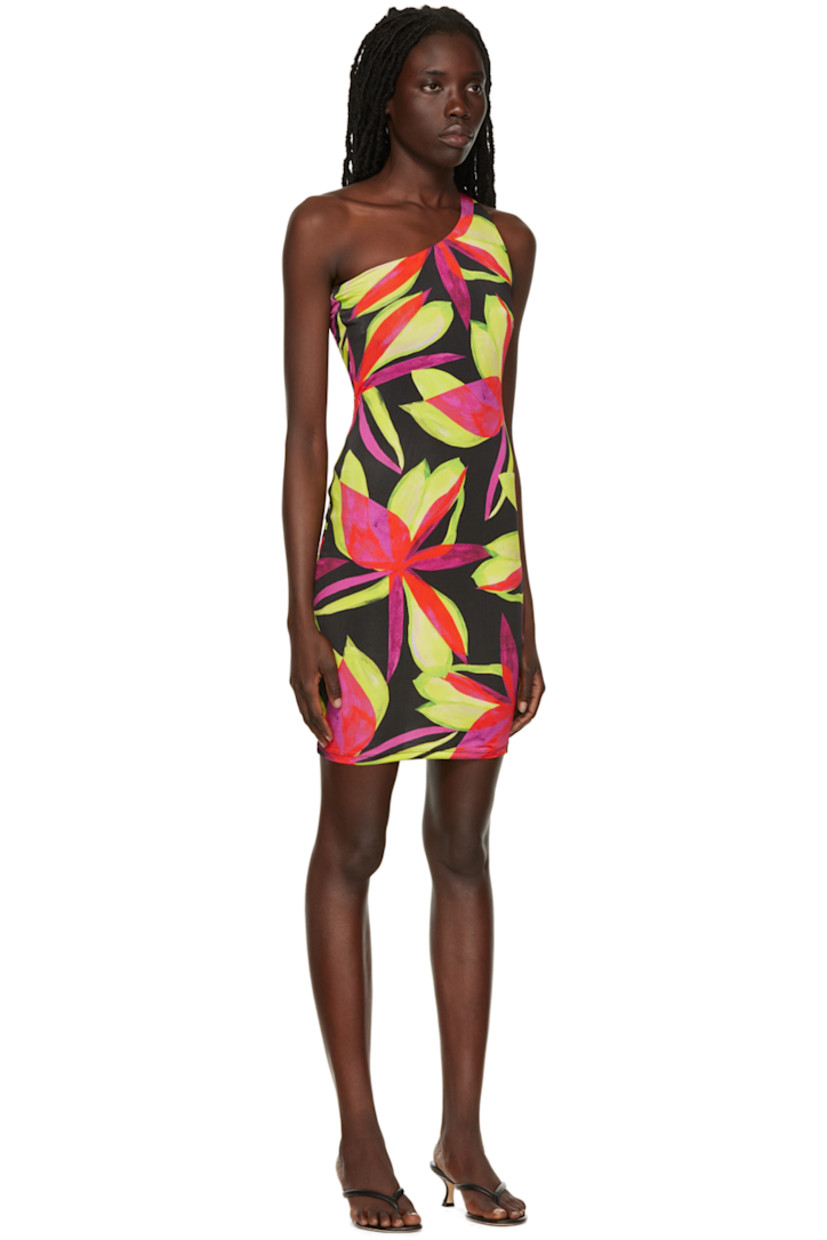 Stretch viscose jersey dress. Graphic pattern printed throughout. 

· Asymmetric construction
· Low back
· Full mesh lining

Supplier color: Electric pink flower
