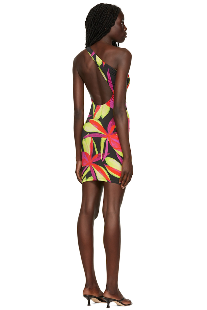 Stretch viscose jersey dress. Graphic pattern printed throughout. 

· Asymmetric construction
· Low back
· Full mesh lining

Supplier color: Electric pink flower