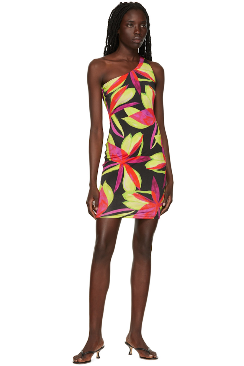 Stretch viscose jersey dress. Graphic pattern printed throughout. 

· Asymmetric construction
· Low back
· Full mesh lining

Supplier color: Electric pink flower