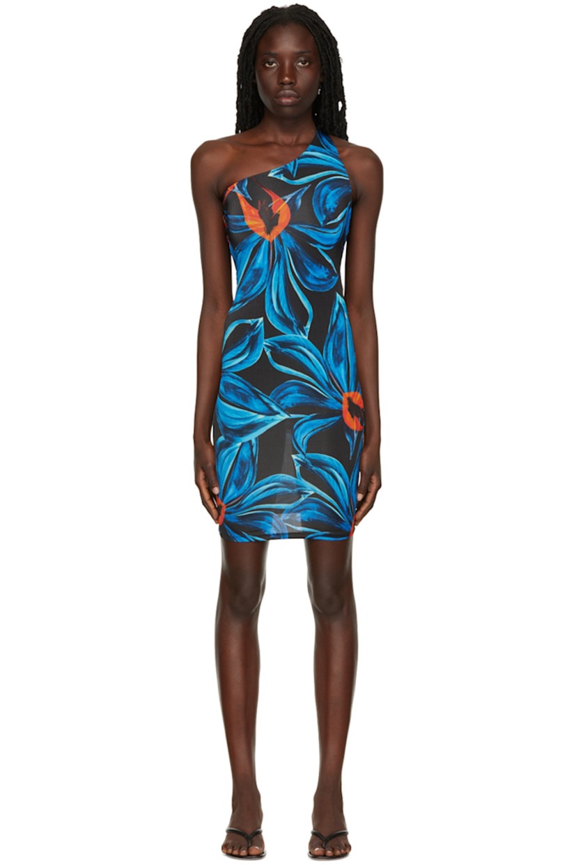 Stretch viscose jersey dress. Graphic pattern printed throughout. 

· Asymmetric construction
· Low back
· Full mesh lining

Supplier color: Night blooming orchid