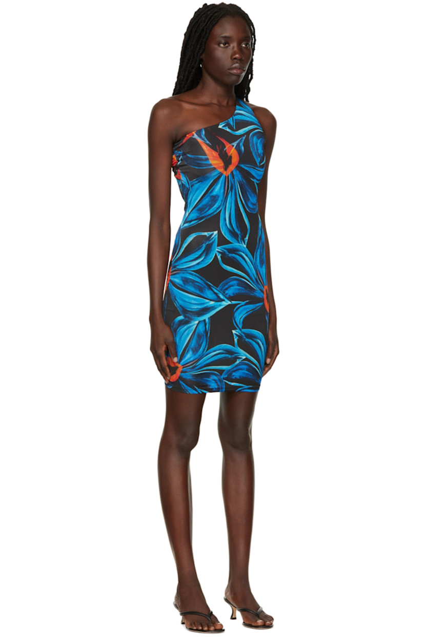 Stretch viscose jersey dress. Graphic pattern printed throughout. 

· Asymmetric construction
· Low back
· Full mesh lining

Supplier color: Night blooming orchid