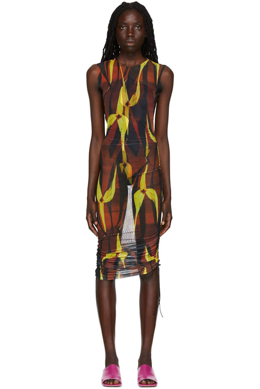 Semi-sheer stretch polyester mesh dress. Raw edges and floral graphic printed throughout.

· Crewneck
· Ruching and drawstring fastening at side-seam
· Asymmetric hem

Available exclusively at SSENSE.

Supplier color: Midnight orchid
