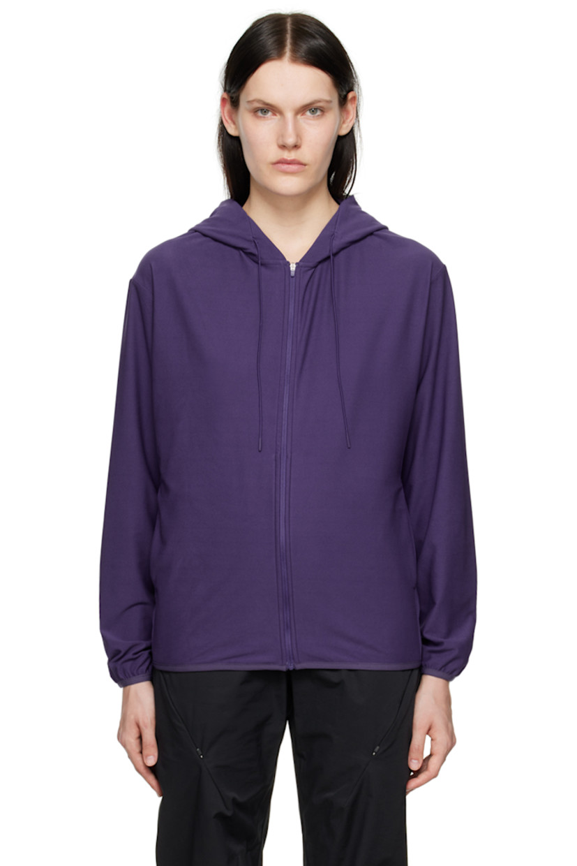 Knit stretch polyester hoodie. 

· Zip detailing and drawstring at hood
· Zip closure
· Elasticized hem and cuffs
· Seam pockets

Supplier color: Purple