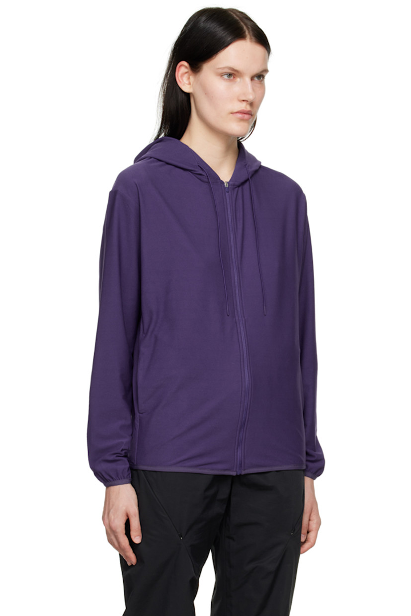 Knit stretch polyester hoodie. 

· Zip detailing and drawstring at hood
· Zip closure
· Elasticized hem and cuffs
· Seam pockets

Supplier color: Purple
