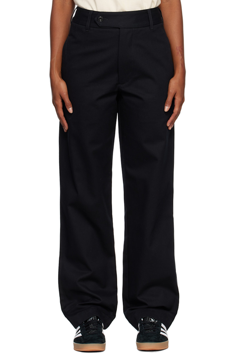 Straight-leg cotton twill trousers.

· Belt loops
· Four-pocket styling
· Zip-fly 
· Creased legs
· Partial plain-woven lining 

Supplier color: Black