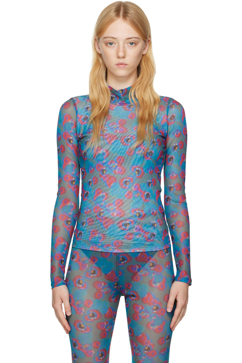 Semi-sheer stretch recycled polyester mesh turtleneck. 

· Partial mesh lining
· Polka dot pattern printed throughout

Supplier color: Dots petrol/Bordeaux