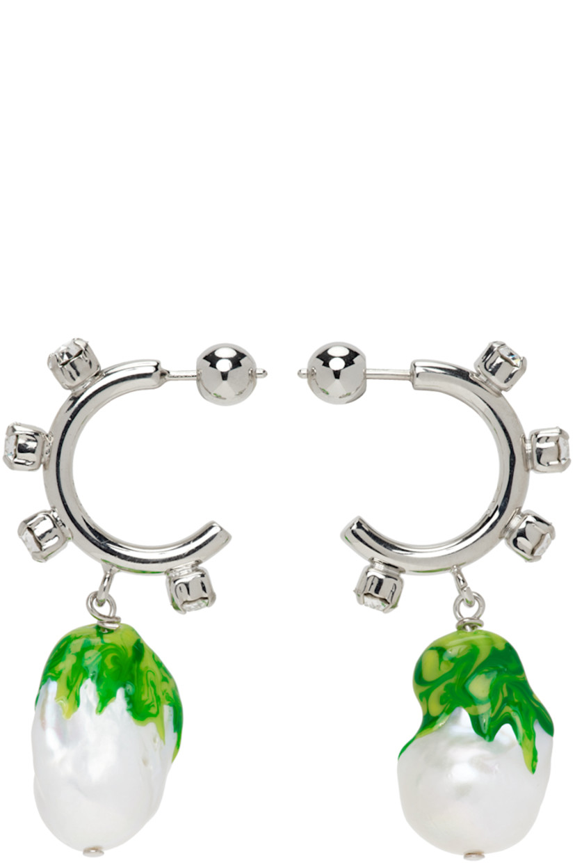 Pair of open hoop earrings in palladium-plated brass. 

· Crystal-cut accents at face 
· Baroque pearl with green enameled accent at drop
· Post-stud fastening
· H1.75 x W0.5" 

Supplier color: Silver/Green