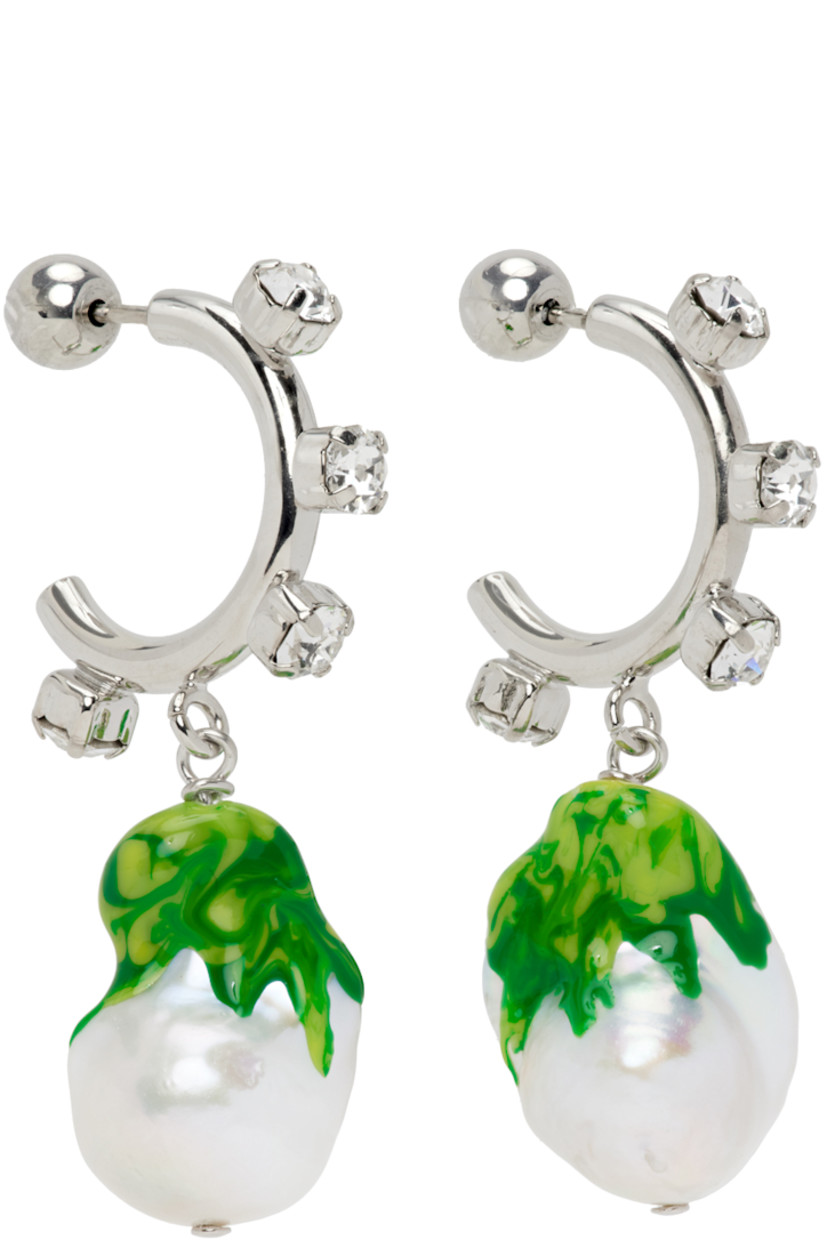 Pair of open hoop earrings in palladium-plated brass. 

· Crystal-cut accents at face 
· Baroque pearl with green enameled accent at drop
· Post-stud fastening
· H1.75 x W0.5" 

Supplier color: Silver/Green