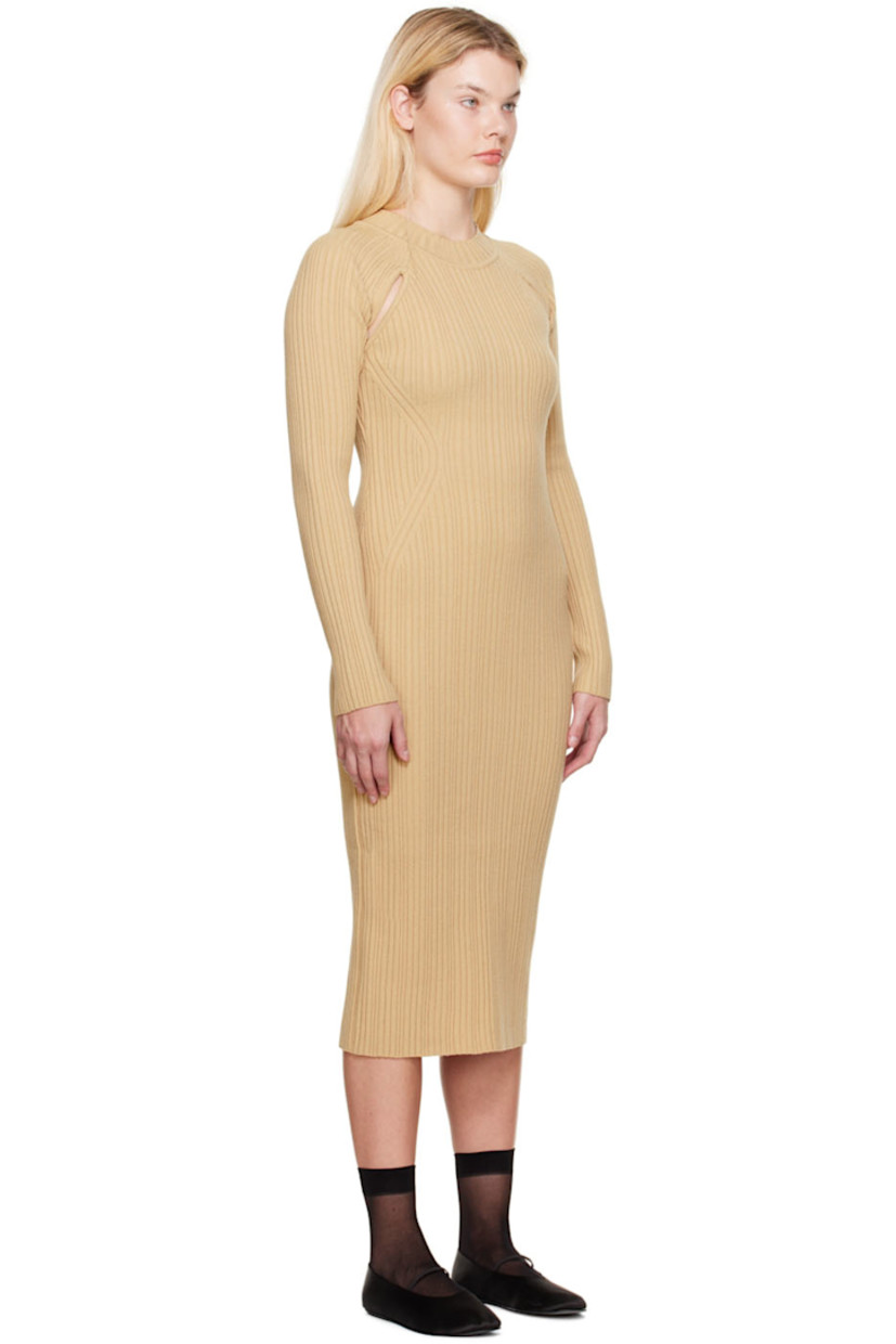 Rib knit acrylic and wool-blend dress. 

· Mock neck 
· Cutouts at front 
· Central vent at back hem

Supplier color: Beige