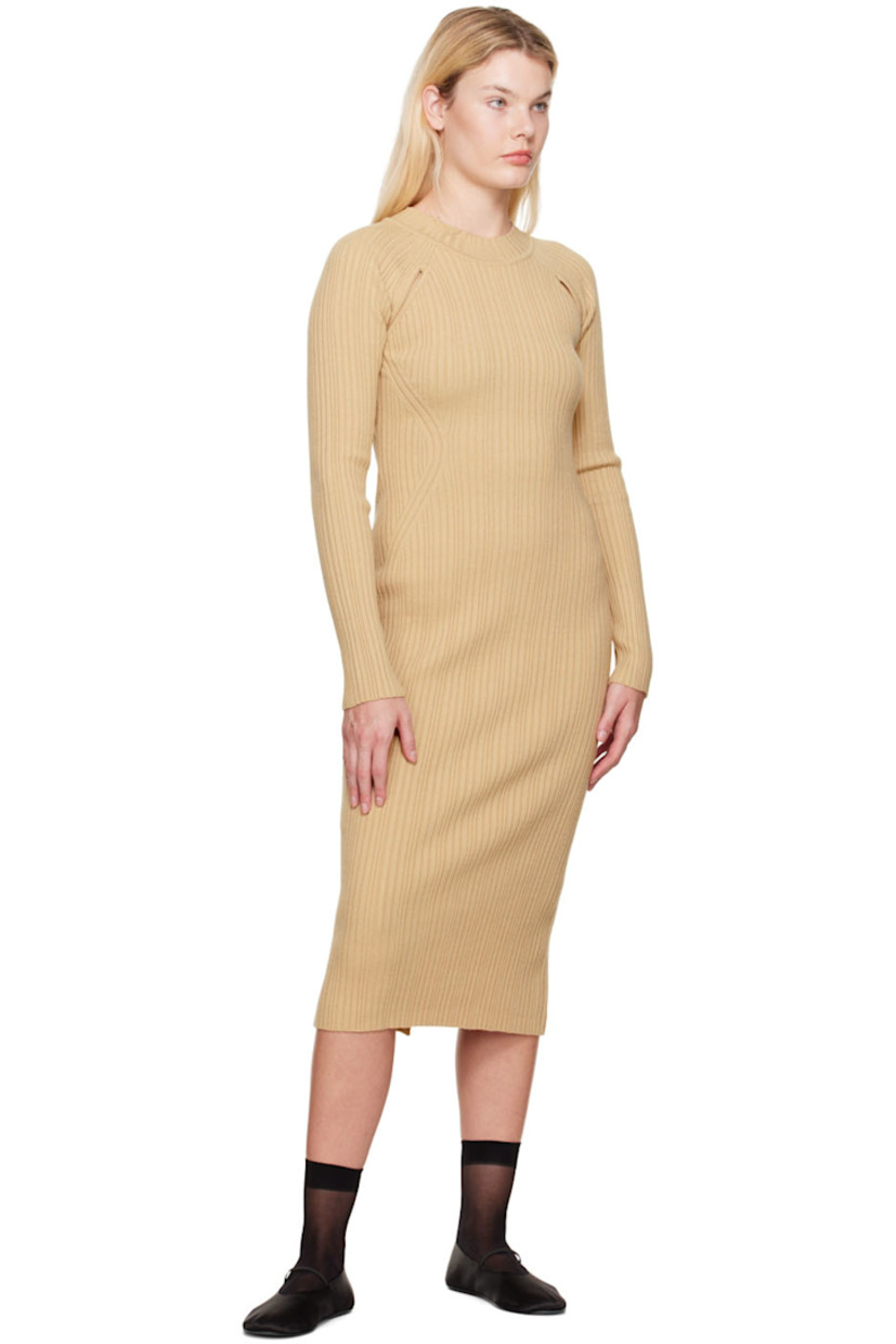 Rib knit acrylic and wool-blend dress. 

· Mock neck 
· Cutouts at front 
· Central vent at back hem

Supplier color: Beige