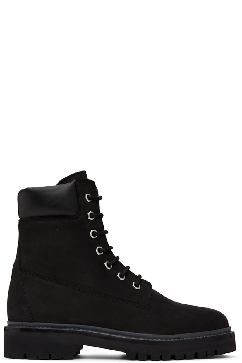 Ankle-high nubuck boots in black.

· Lace-up closure
· Padded buffed leather collar
· Leather lining
· Stacked leather midsole
· Treaded rubber outsole
· Gold-tone hardware

Supplier color: Black