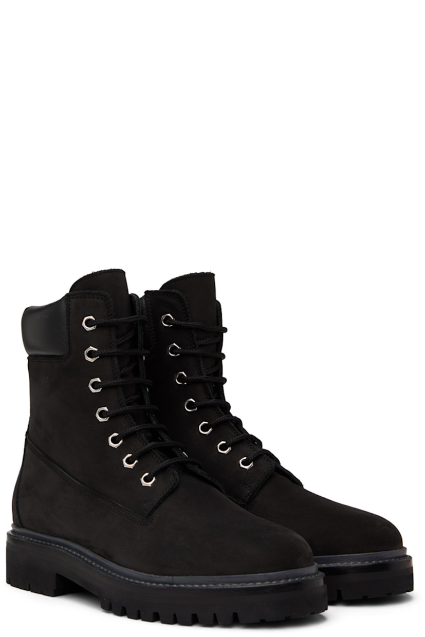 Ankle-high nubuck boots in black.

· Lace-up closure
· Padded buffed leather collar
· Leather lining
· Stacked leather midsole
· Treaded rubber outsole
· Gold-tone hardware

Supplier color: Black