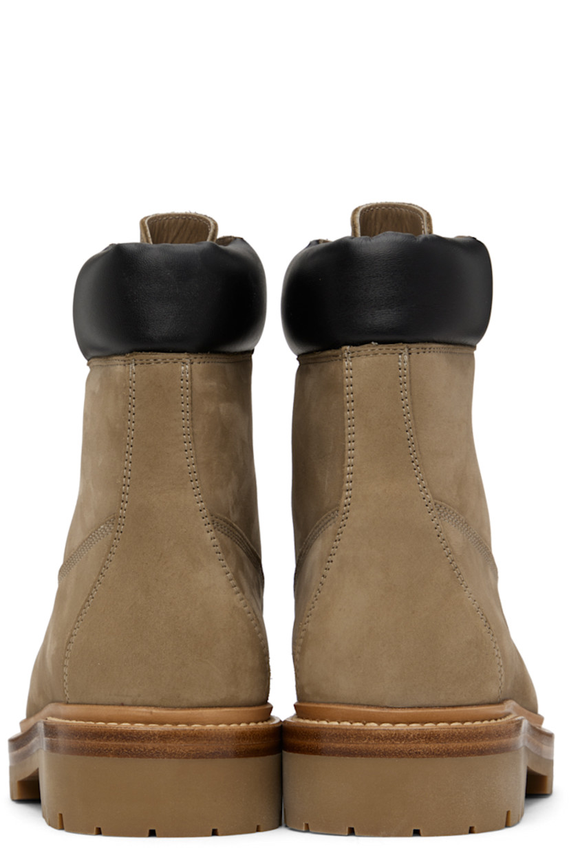 Ankle-high nubuck boots in khaki.

· Lace-up closure
· Padded buffed leather collar in black
· Leather lining
· Stacked leather midsole
· Treaded rubber outsole
· Gold-tone hardware

Supplier color: Smog