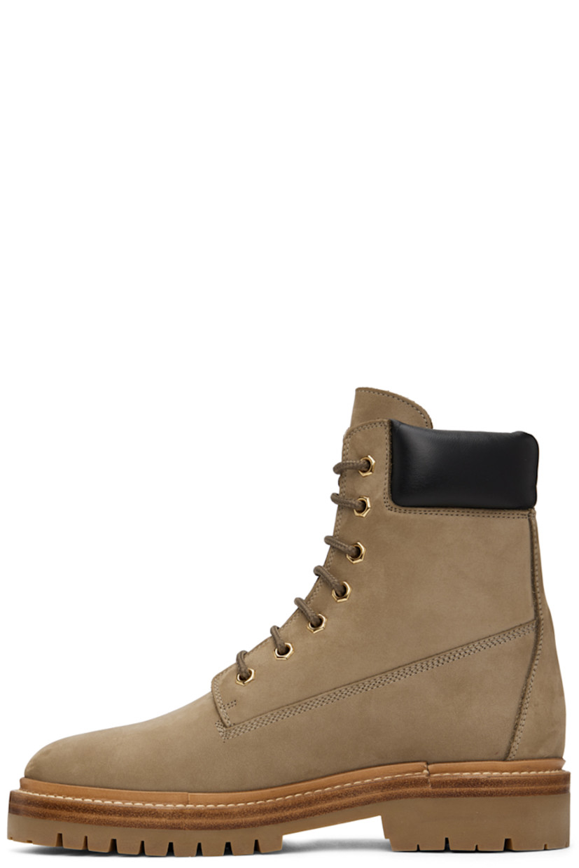 Ankle-high nubuck boots in khaki.

· Lace-up closure
· Padded buffed leather collar in black
· Leather lining
· Stacked leather midsole
· Treaded rubber outsole
· Gold-tone hardware

Supplier color: Smog