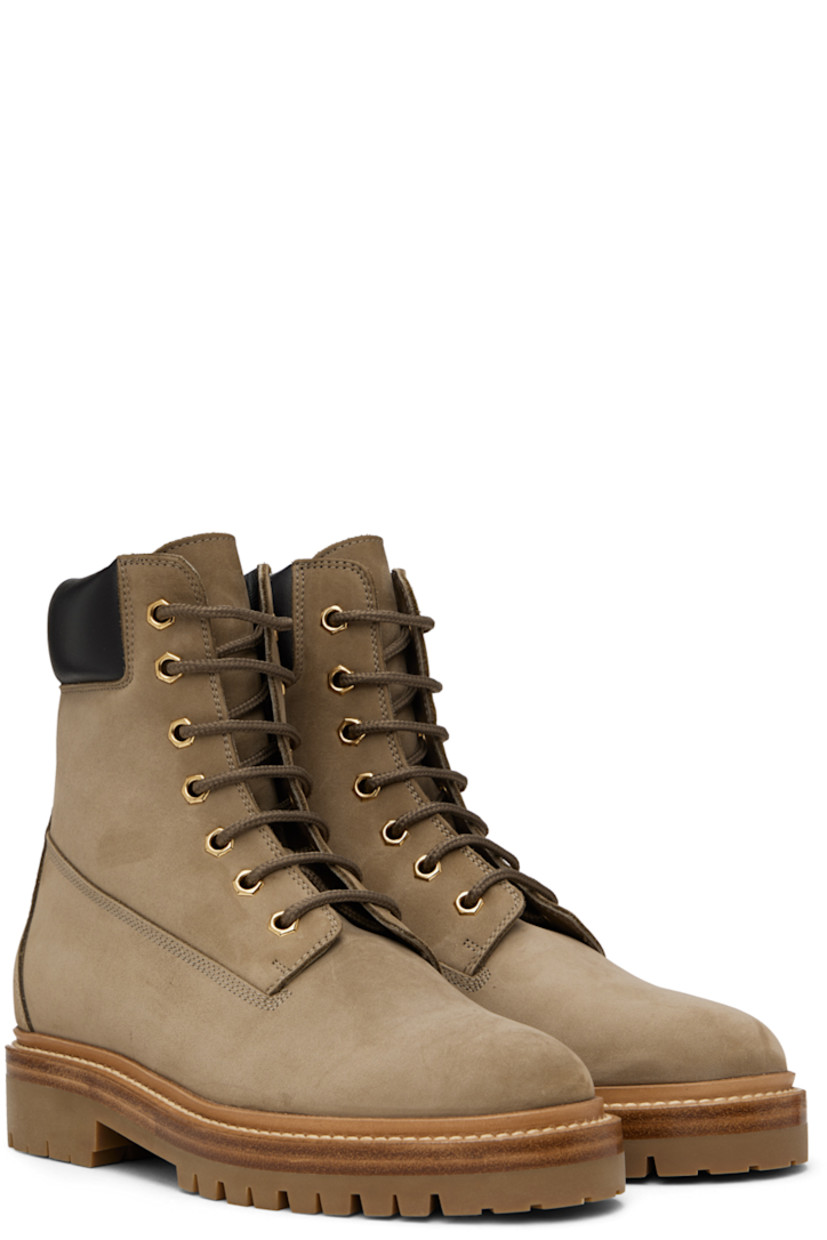 Ankle-high nubuck boots in khaki.

· Lace-up closure
· Padded buffed leather collar in black
· Leather lining
· Stacked leather midsole
· Treaded rubber outsole
· Gold-tone hardware

Supplier color: Smog