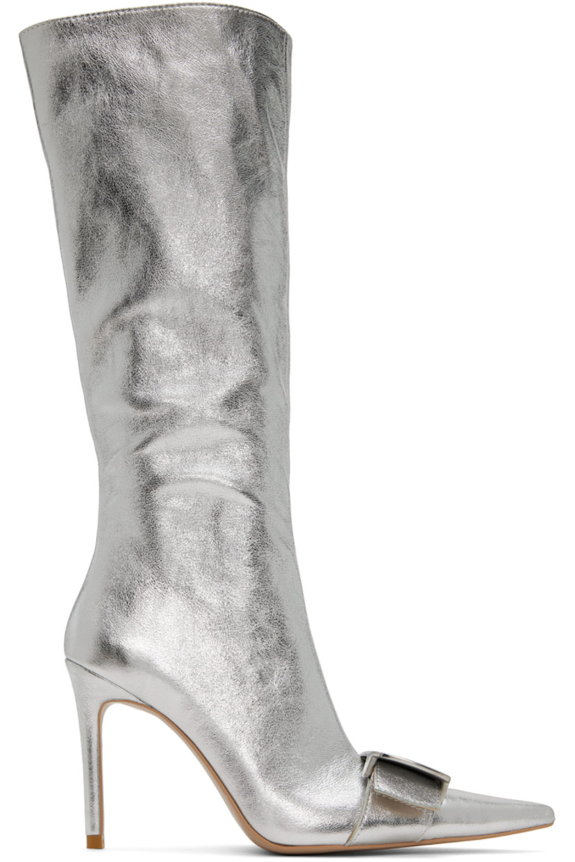 Calf-high crinkled leather boots in silver-tone.

· Pointed toe
· Fixed buckle hardware at vamp
· Zip closure at inner side
· Buffed leather lining in beige
· Covered stiletto heel with rubber injection
· Leather sole
· Heel: H4 in

Supplier color: Silver