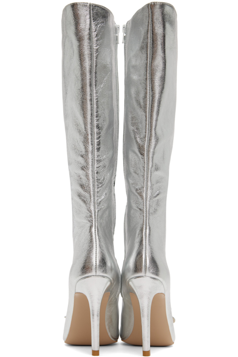 Calf-high crinkled leather boots in silver-tone.

· Pointed toe
· Fixed buckle hardware at vamp
· Zip closure at inner side
· Buffed leather lining in beige
· Covered stiletto heel with rubber injection
· Leather sole
· Heel: H4 in

Supplier color: Silver