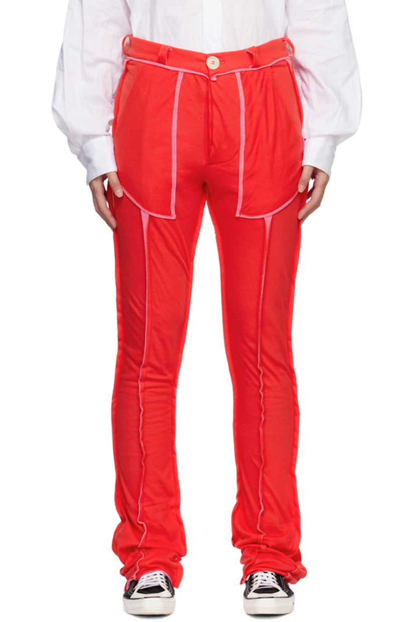 Cotton double jersey lounge pants. Exposed seams with raw edges throughout.

· Belt loops
· Four-pocket styling
· Button-fly

Supplier color: Red