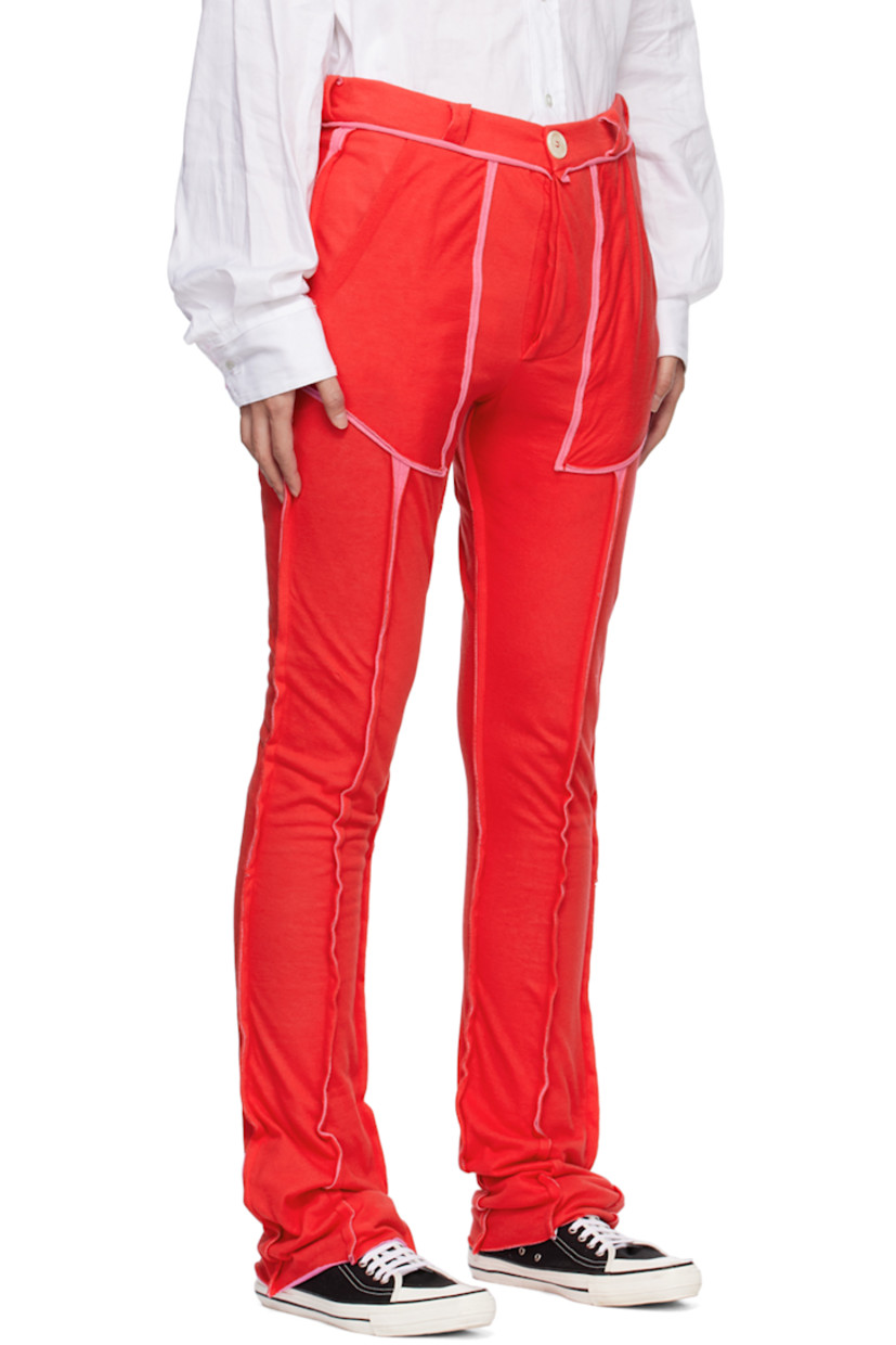 Cotton double jersey lounge pants. Exposed seams with raw edges throughout.

· Belt loops
· Four-pocket styling
· Button-fly

Supplier color: Red