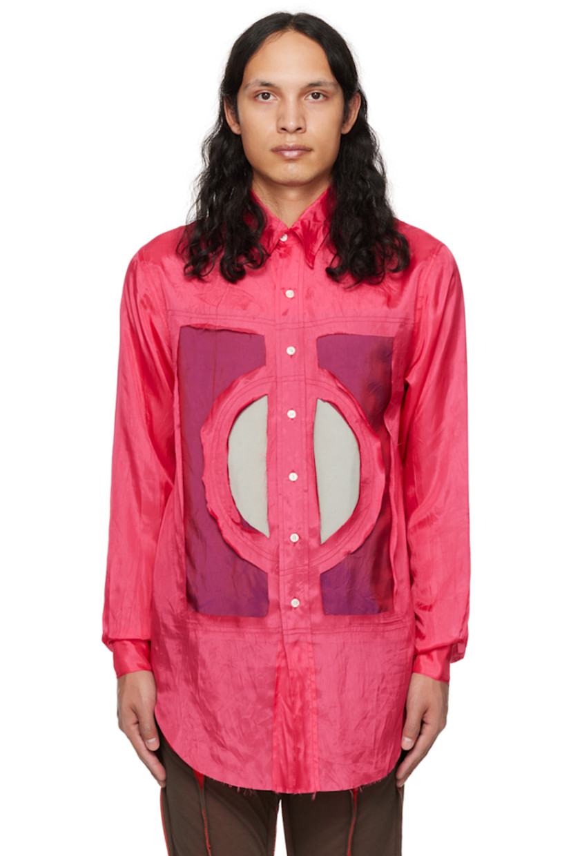 Viscose and acetate-blend satin shirt. Raw edges throughout.

· Pointed collar
· Button closure
· Graphic patches at front
· Shirttail hem
· Two-button barrel cuffs
· Mother-of-pearl hardware

Supplier color: Pink/Purple