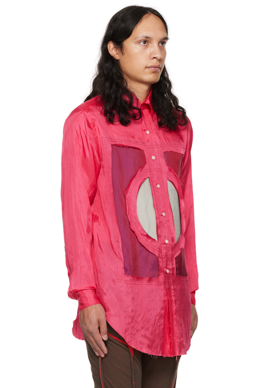 Viscose and acetate-blend satin shirt. Raw edges throughout.

· Pointed collar
· Button closure
· Graphic patches at front
· Shirttail hem
· Two-button barrel cuffs
· Mother-of-pearl hardware

Supplier color: Pink/Purple