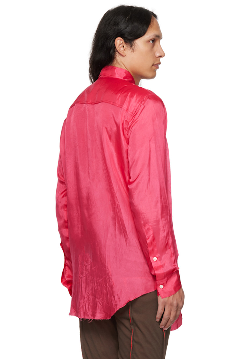 Viscose and acetate-blend satin shirt. Raw edges throughout.

· Pointed collar
· Button closure
· Graphic patches at front
· Shirttail hem
· Two-button barrel cuffs
· Mother-of-pearl hardware

Supplier color: Pink/Purple