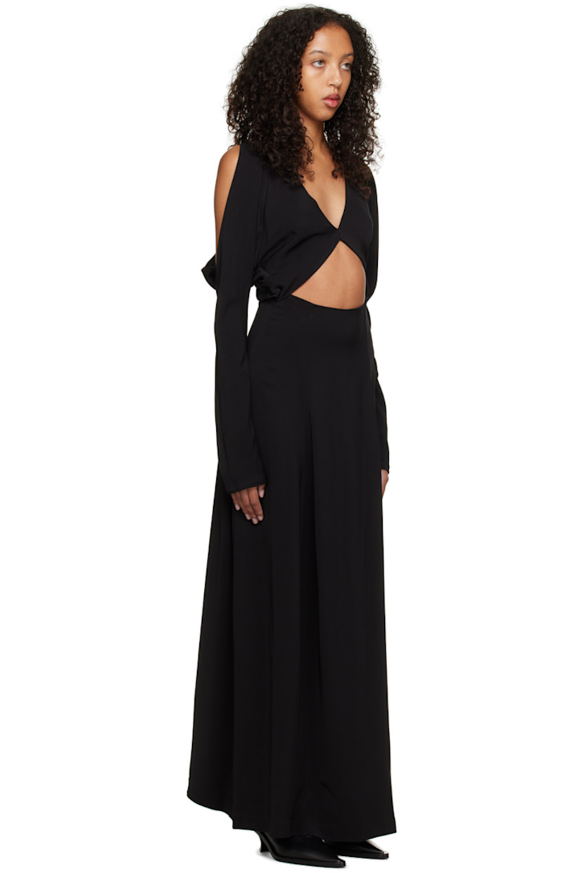 Stretch viscose jersey dress. 

· Deep V-neck
· Cut out at front and back 
· Button fastening at back collar 

Supplier color: Black