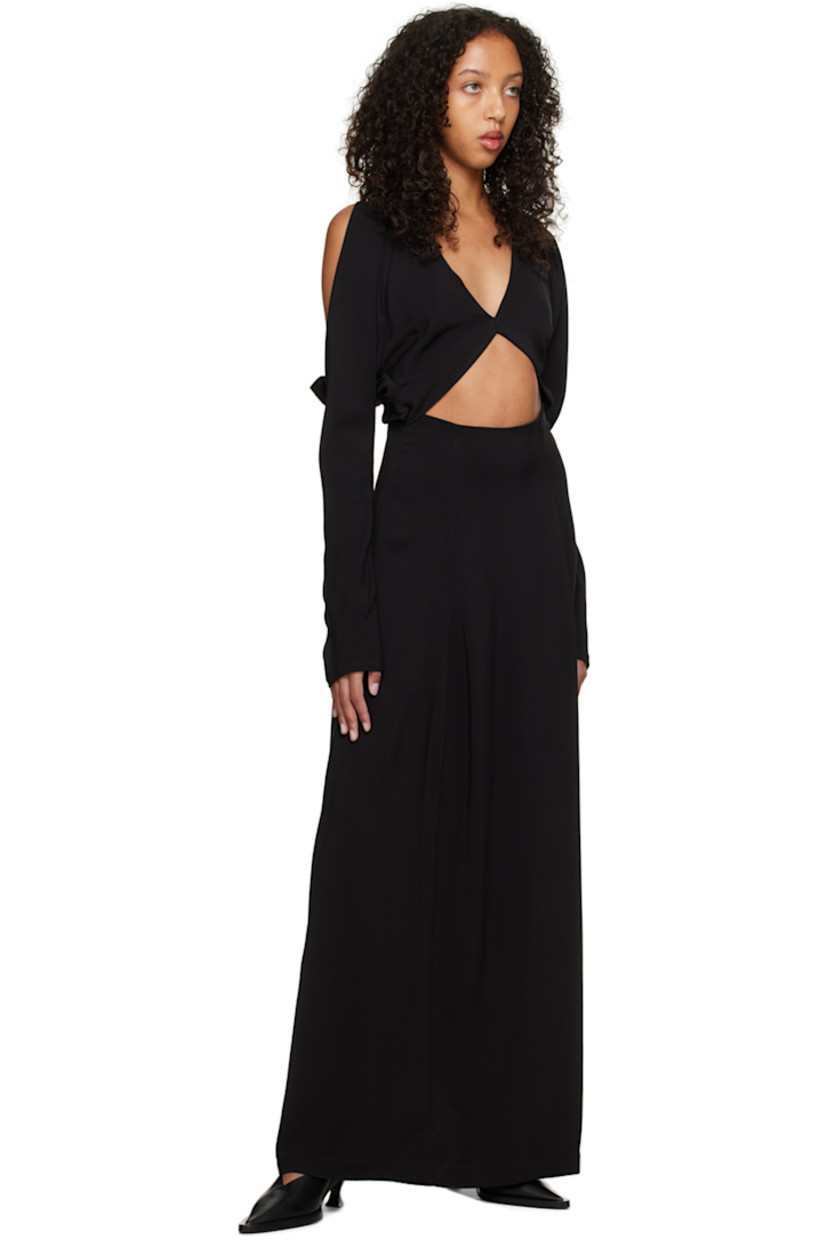 Stretch viscose jersey dress. 

· Deep V-neck
· Cut out at front and back 
· Button fastening at back collar 

Supplier color: Black