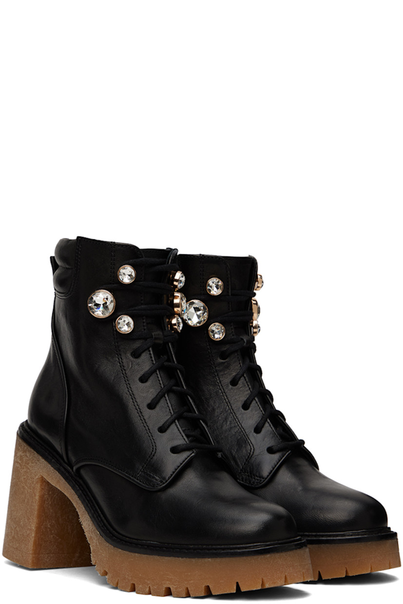 Ankle-high paneled buffed calfskin boots in black. Crystal-cut accents throughout. 

· Lace-up closure
· Zip closure at inner side
· Padded collar
· Crepe rubber block heel
· Crepe rubber platform midsole
· Treaded rubber sole
· Gold-tone hardware
· Platform: H1 in
· Heel: H3.25 in

Supplier color: Black