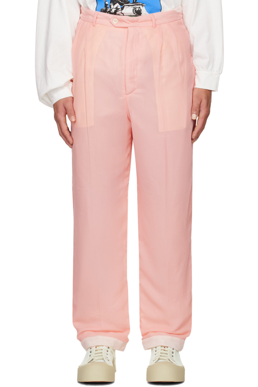 Polyester velvet trousers.

· Belt loops
· Four-pocket styling
· Zip-fly
· Pleats at front
· Full plain-woven cotton lining

Supplier color: Pink