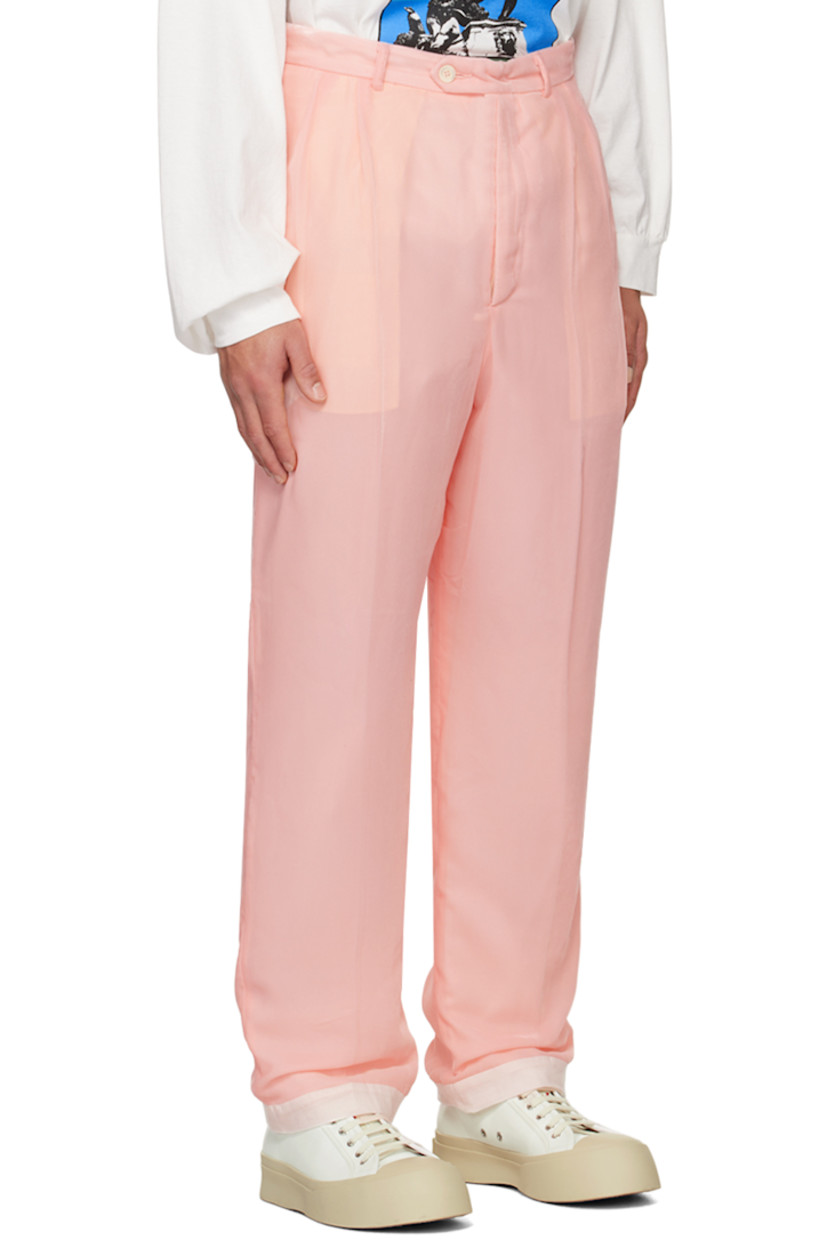 Polyester velvet trousers.

· Belt loops
· Four-pocket styling
· Zip-fly
· Pleats at front
· Full plain-woven cotton lining

Supplier color: Pink