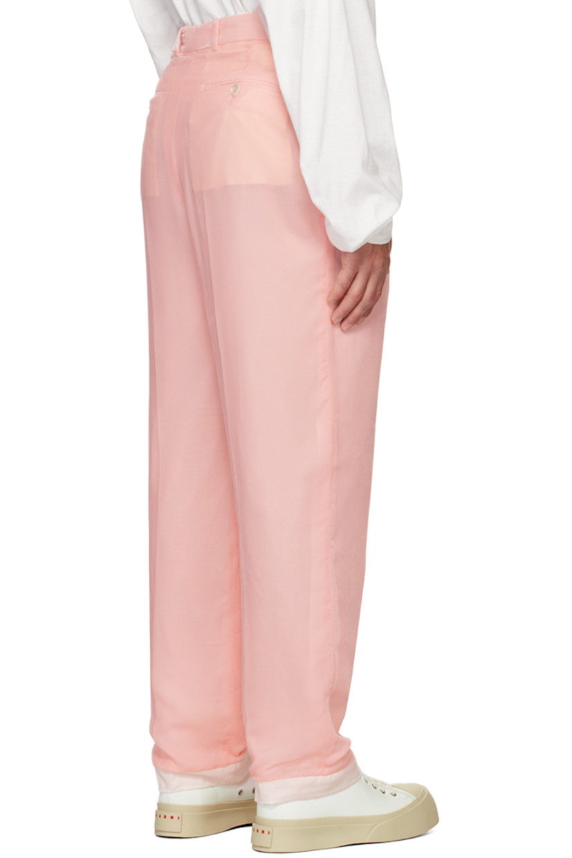 Polyester velvet trousers.

· Belt loops
· Four-pocket styling
· Zip-fly
· Pleats at front
· Full plain-woven cotton lining

Supplier color: Pink