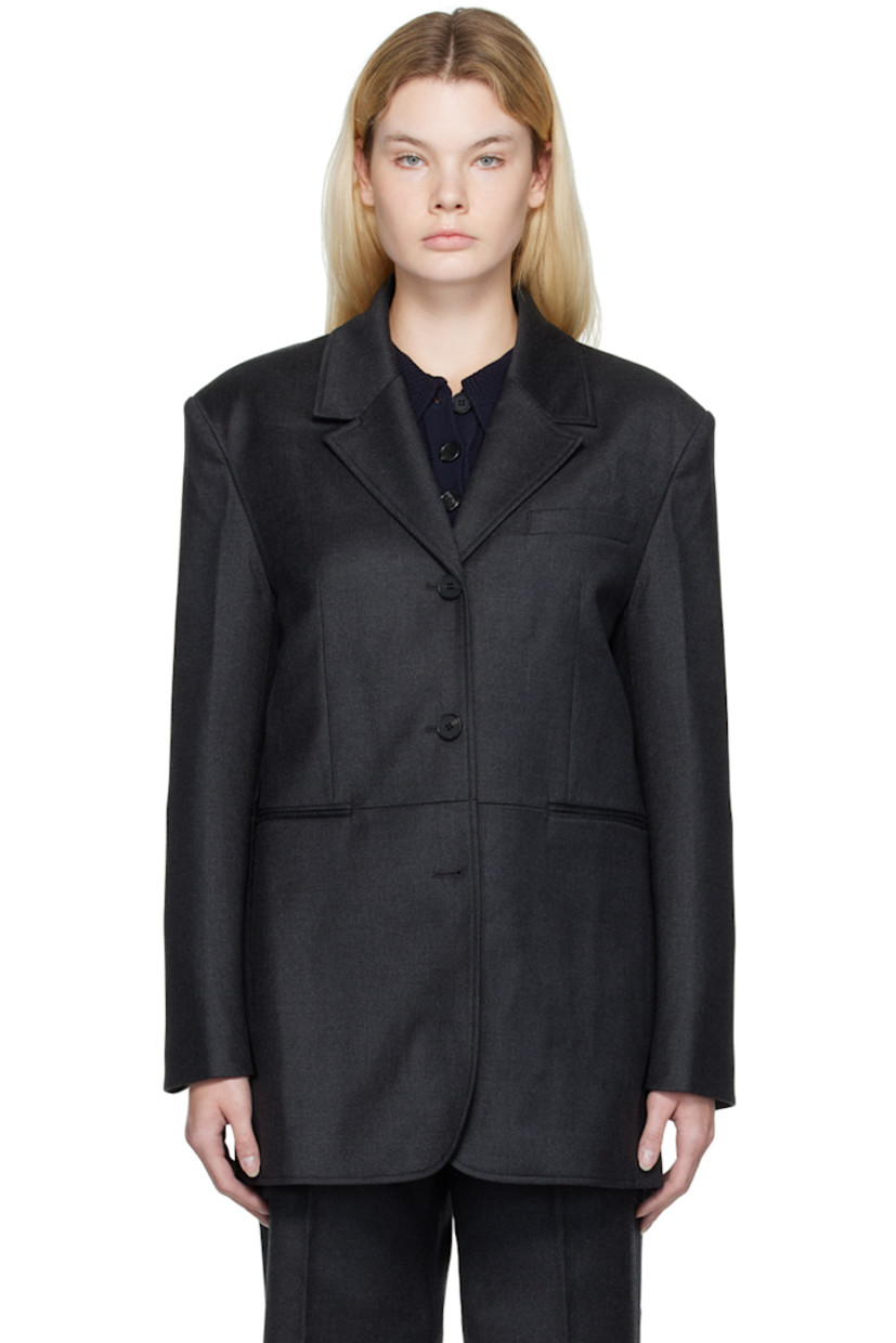 Stretch wool flannel blazer.

· Notched lapel
· Three-button closure
· Welt pocket, darts, and welt pockets
· Padded shoulders
· Four-button surgeon's cuffs
· Central vent at back hem
· Full  bemberg-blend satin lining

Supplier color: Gray