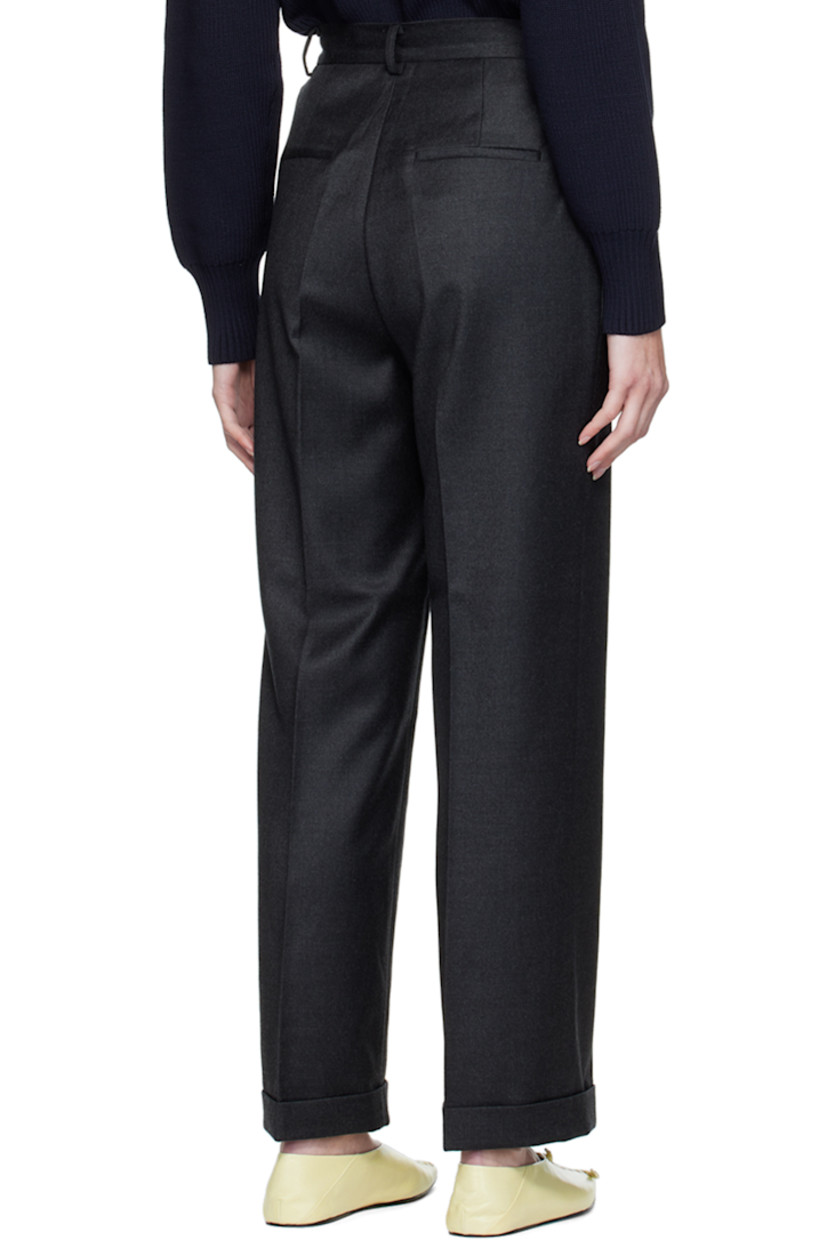 Stretch wool flannel trousers.

· Belt loops
· Four-pocket styling
· Zip-fly
· Crease at front and back legs
· Rolled cuffs
· Partial polyester satin lining

Supplier color: Gray
