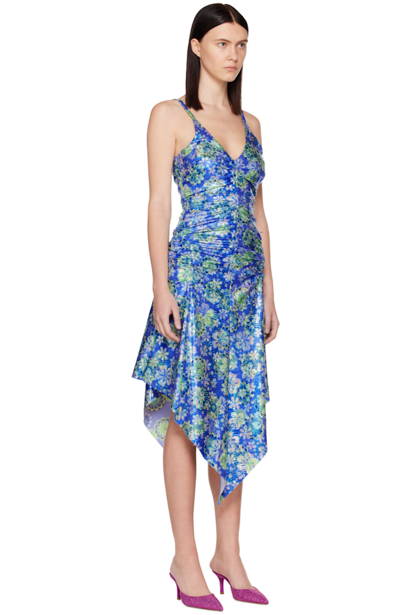 Stretch polyester jersey dress. Metallic floral pattern printed throughout. 

· V-neck 
· Ruching at front
· Asymmetric hem 
· Zip closure at back
· Fully lined

Supplier color: Multi