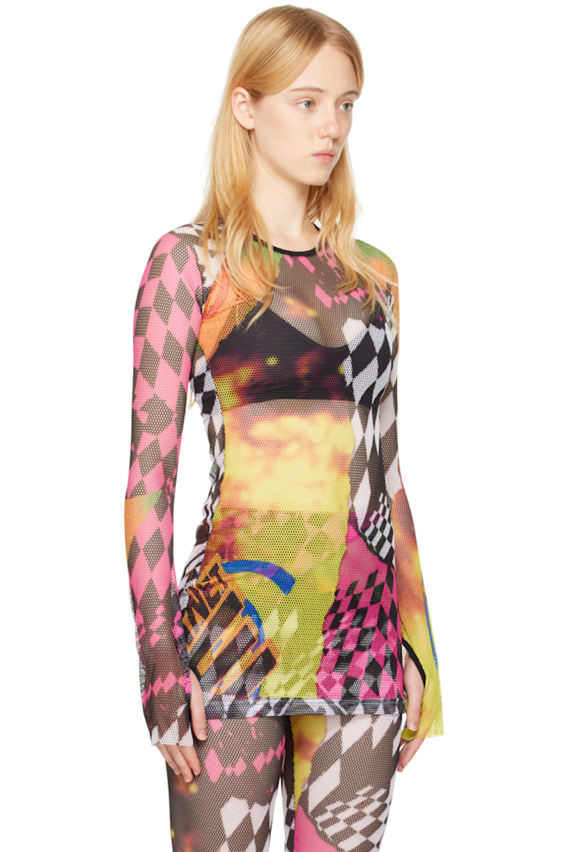 Stretch recycled polyester mesh blouse. Graphic pattern printed throughout.

· Crewneck
· Raw edge at hem and cuffs
· Thumbhole at cuffs

Supplier color: Rave poster print