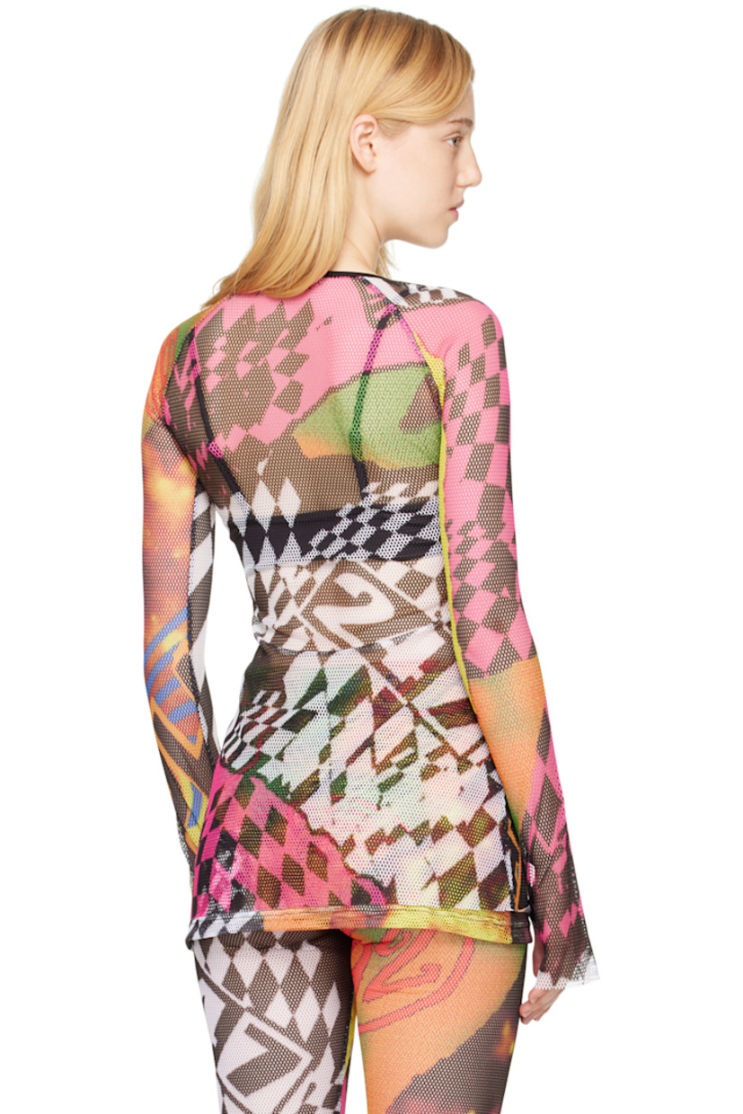 Stretch recycled polyester mesh blouse. Graphic pattern printed throughout.

· Crewneck
· Raw edge at hem and cuffs
· Thumbhole at cuffs

Supplier color: Rave poster print